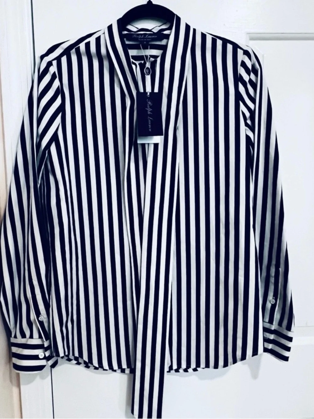 NWT! Ralph Lauren Collection (Purple Label/Runway) Striped Silk Tie-Neck Blouse